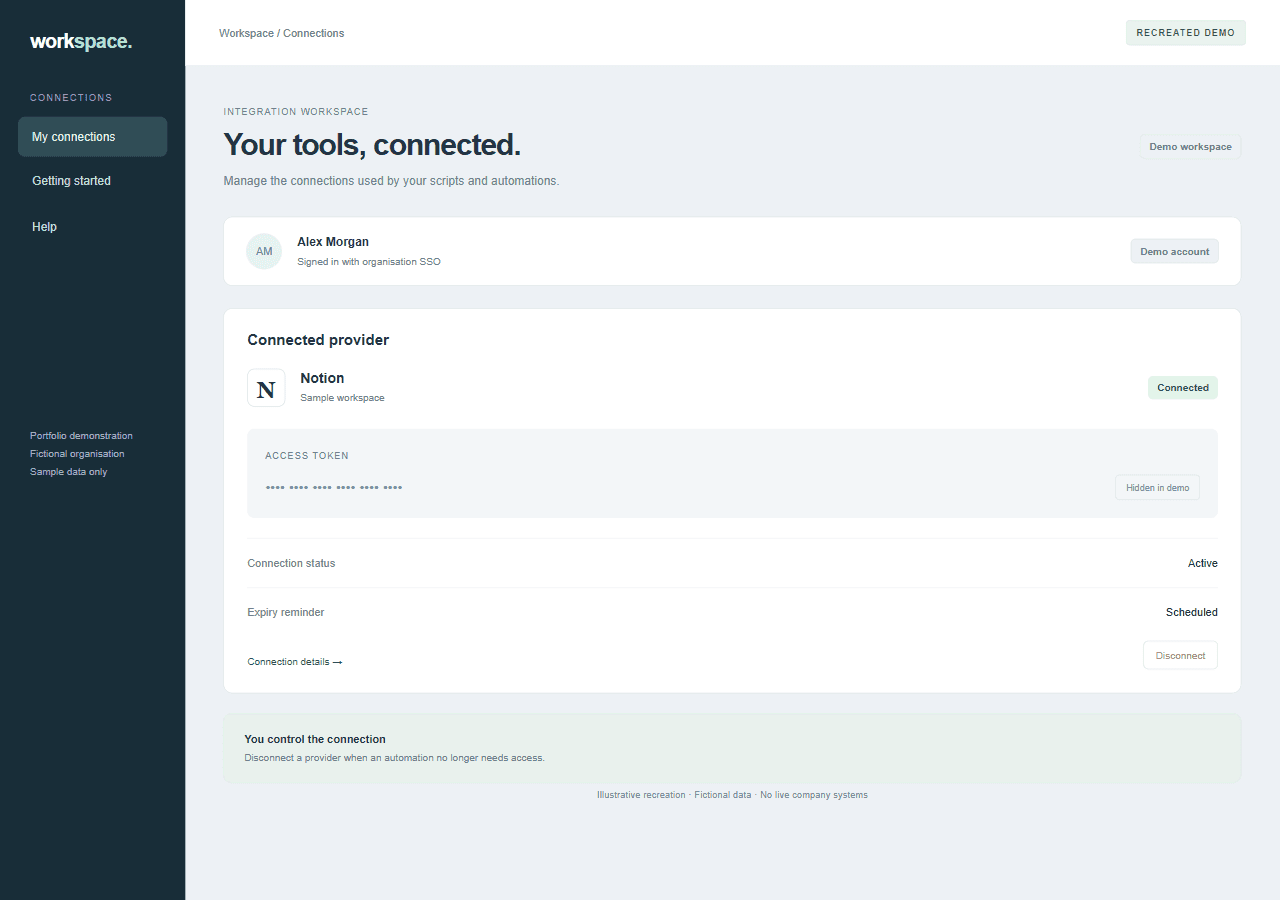 Recreated connection hub with a fictional connected workspace, hidden token and expiry reminder.