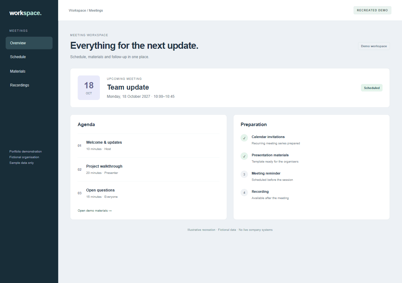 Recreated meeting hub showing a fictional team update, agenda and preparation checklist.