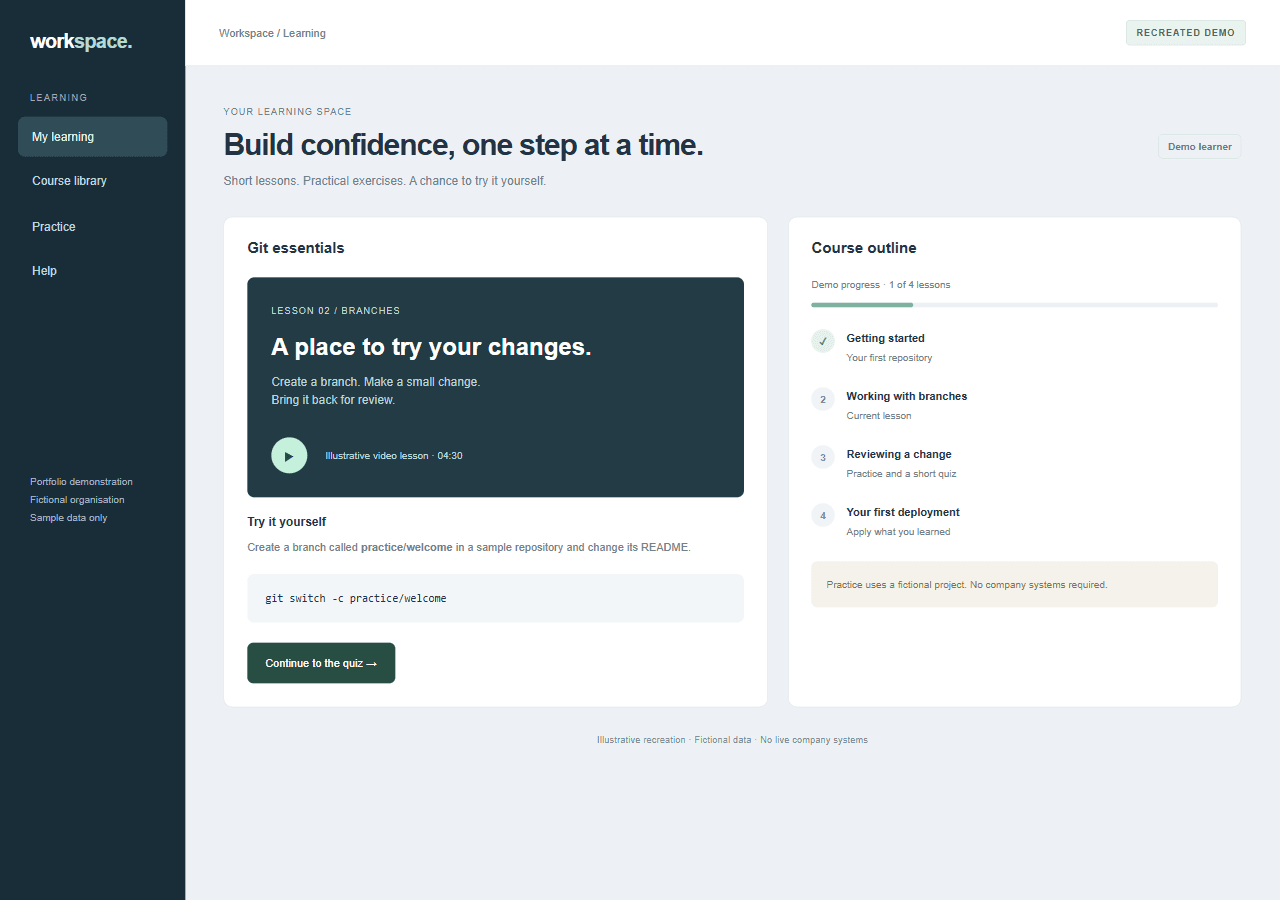 Recreated learning platform with a fictional Git course, lesson outline and practice exercise.